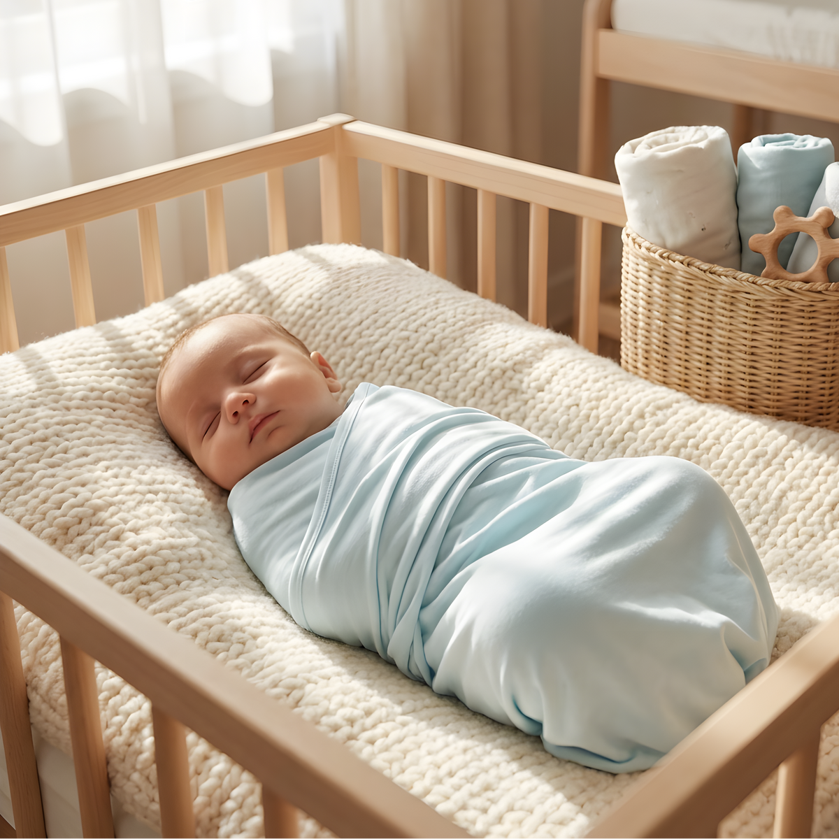 Newborn baby swaddled in light blue blanket in a wooden crib with a basket of baby items.