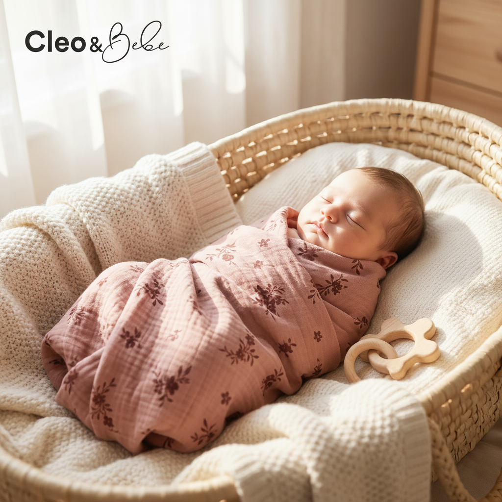 Newborn baby swaddled in a pink blanket with brown floral patterns, lying in a wicker basket.