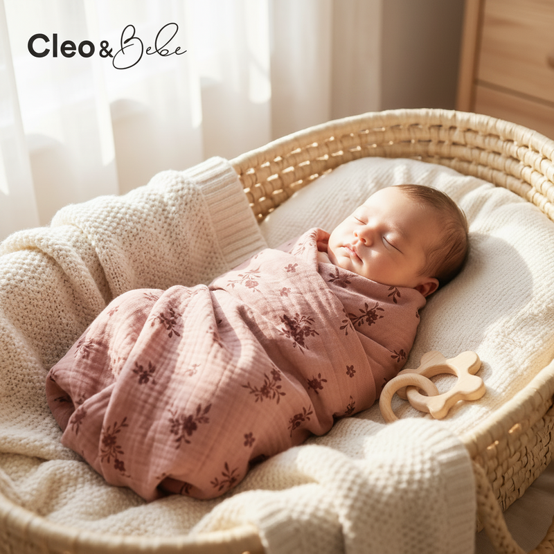 Newborn baby swaddled in a pink blanket with brown floral patterns, lying in a wicker basket.