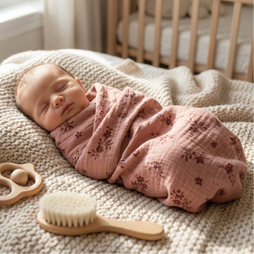 Newborn baby swaddled in a burn orange blanket with a wooden rattle and brush on a textured surface, with 'Cleo & Bebe' branding.