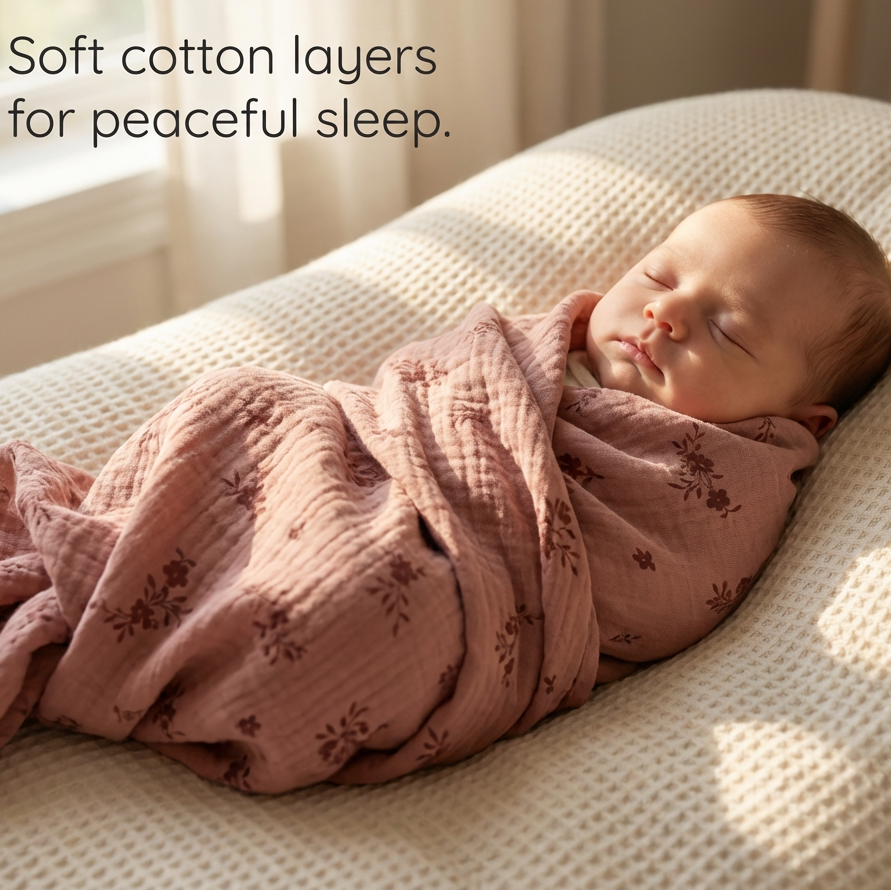 Newborn baby wrapped in a pink blanket on a soft surface with 'Cleo & Bebe' branding.