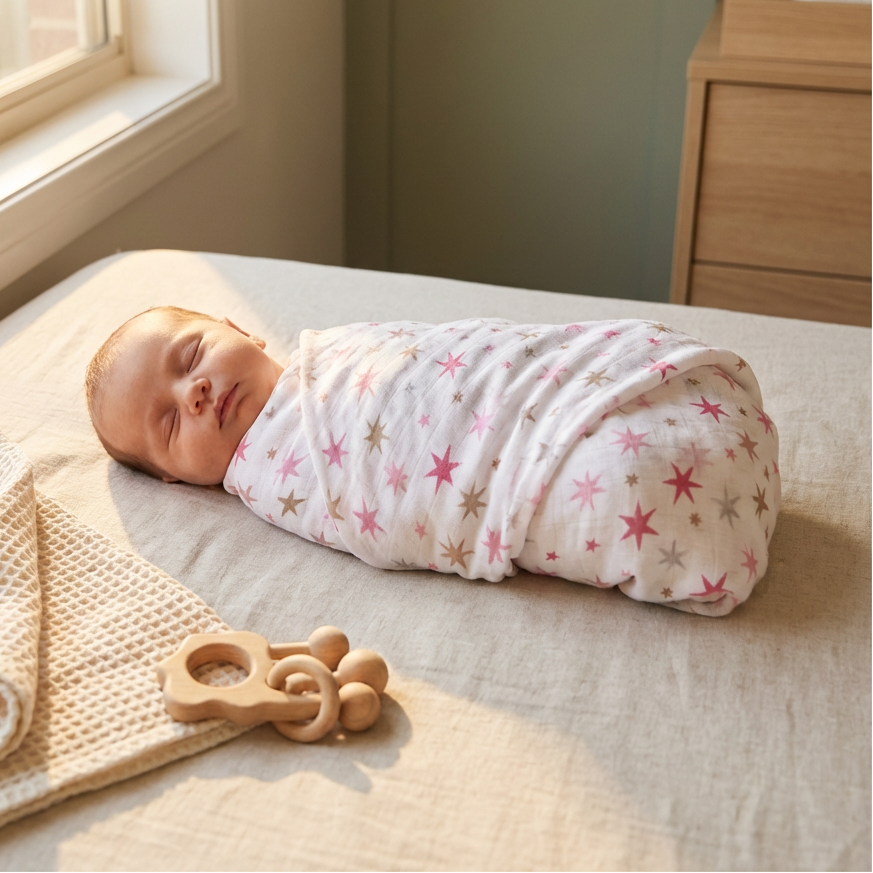 Newborn baby swaddled in a star-patterned blanket on a bed with 'Cleo & Bebe' branding.