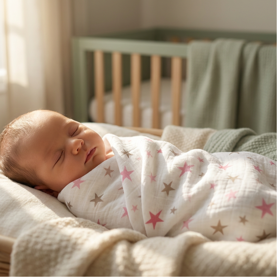 Baby Swaddle - Organic Muslin Wrap - Pink Stars