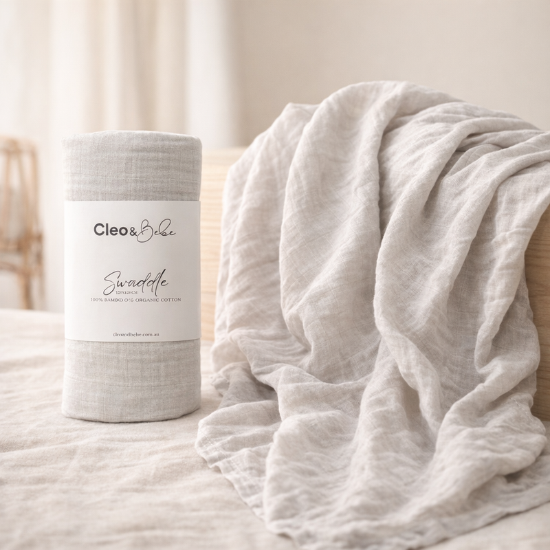 Cleo & Belle swaddle / wrap and packaging on a neutral background