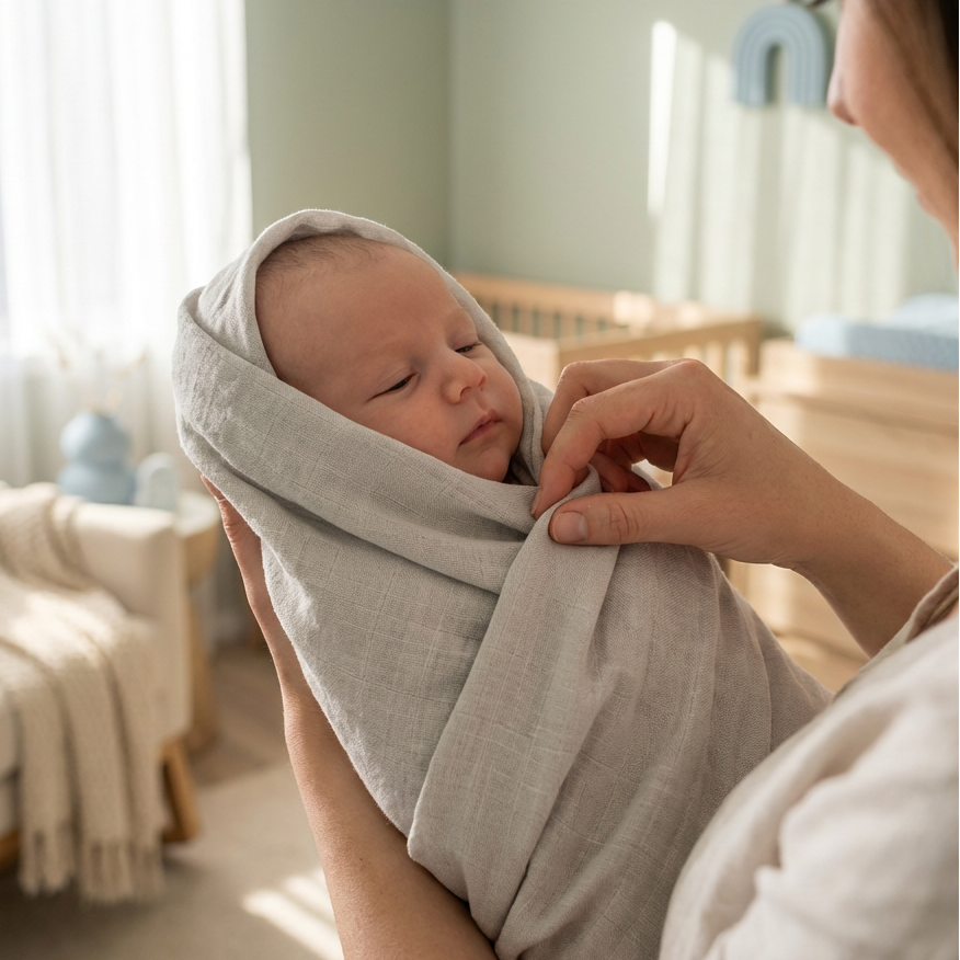 Newborn baby wrapped in a light gray swaddle blanket held by a person in a cozy room.