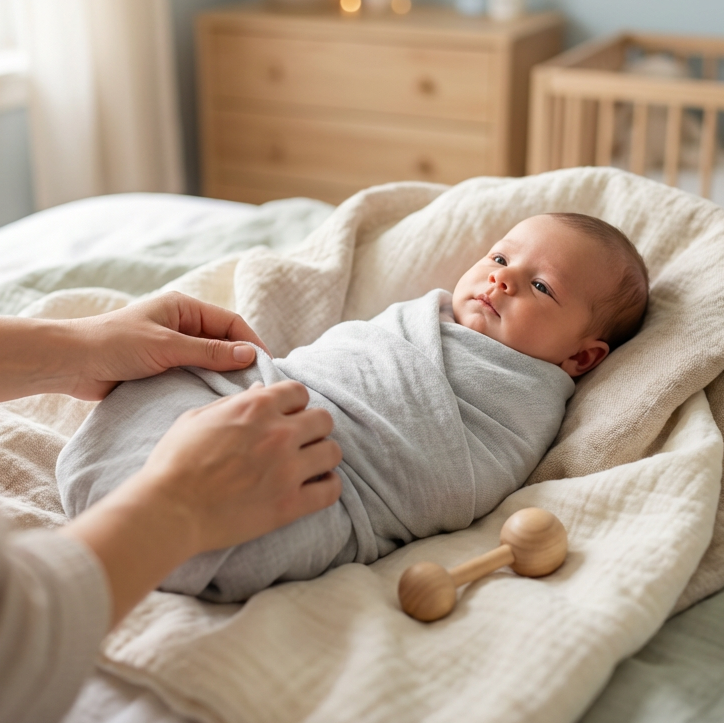 Baby wrapped in a blanket with a soft layer, secure hold, in a nursery setting.