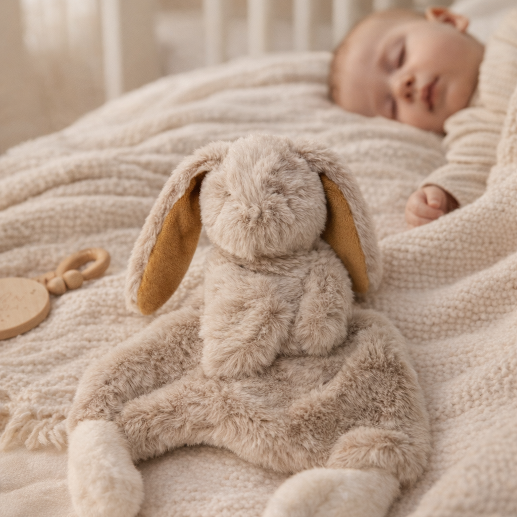 Child sleeping with a plush bunny toy on a soft blanket