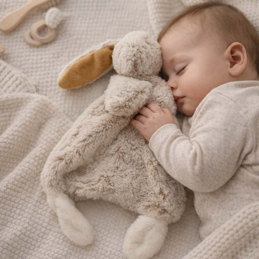 Baby sleeping with a plush bunny toy on a soft blanket.