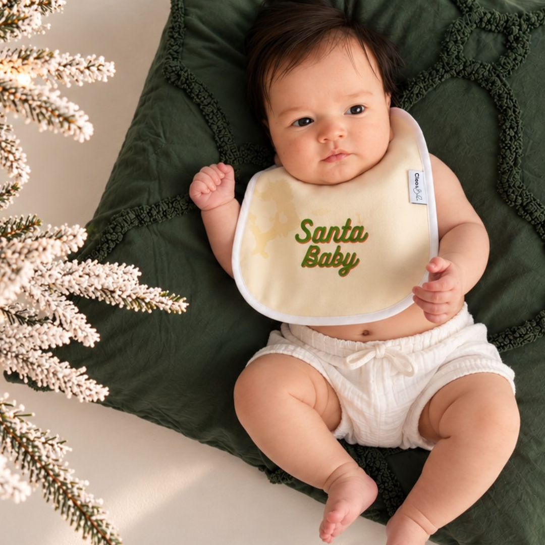 A baby wearing a cream bib with 'Santa Baby' embroidered in green sits on a dark green textured blanket, with a snowy pine branch on the left side of the frame.