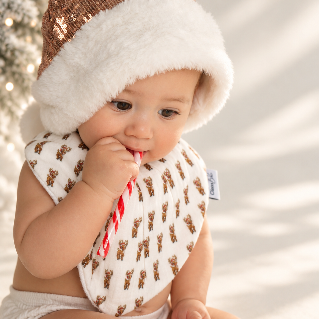 A baby wearing a festive white and brown sequined Santa hat with a fluffy white trim, a white bib printed with brown teddy bears, and white diaper cover, sitting in a snowy outdoor setting.