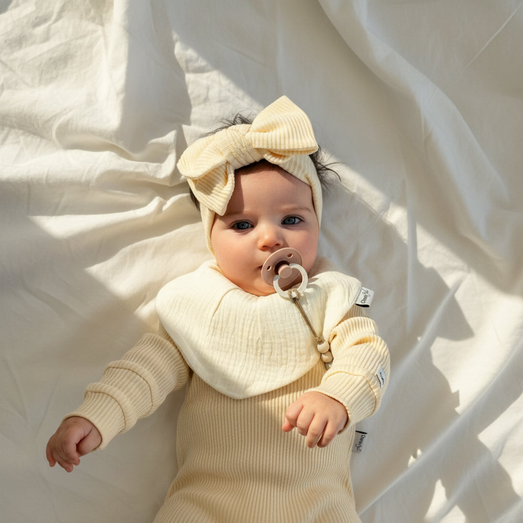 A baby lying on a light fabric surface, wearing a pale yellow ribbed long-sleeve outfit with a matching bib and a large bow headband. The baby has a pacifier in their mouth.