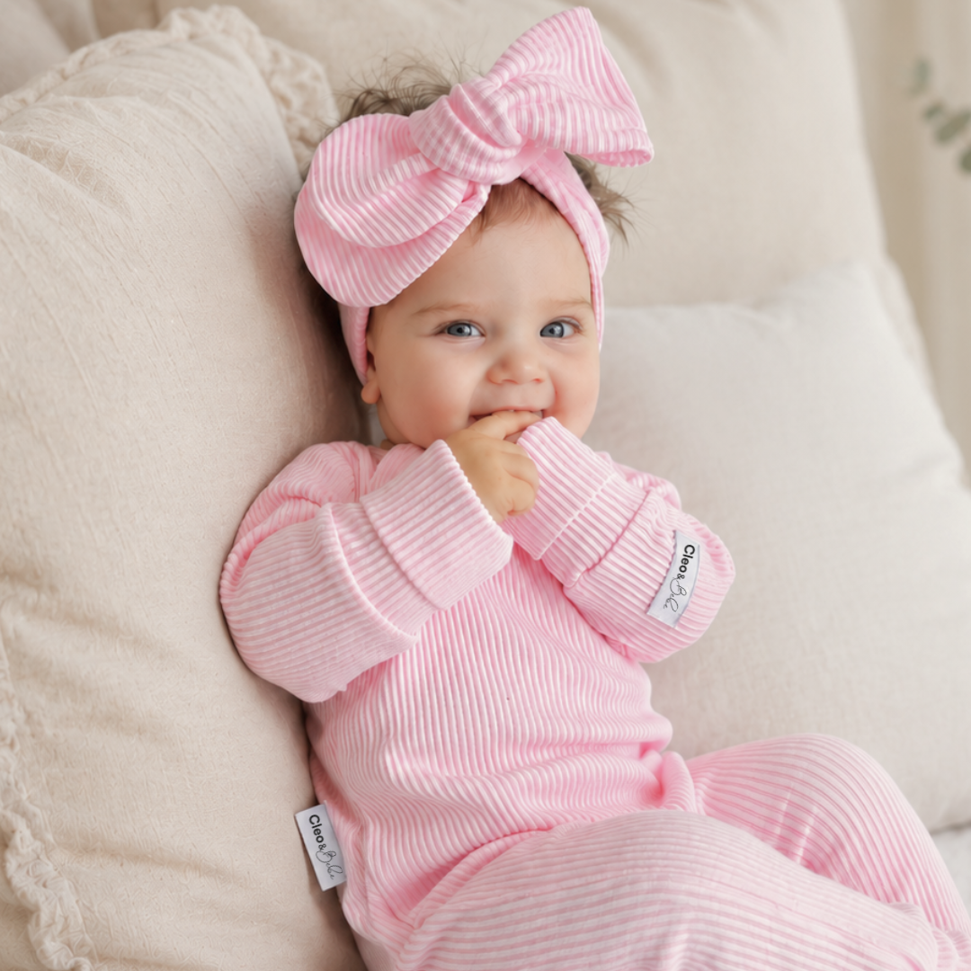Ribbed Bow Headband - Pink Blossoms
