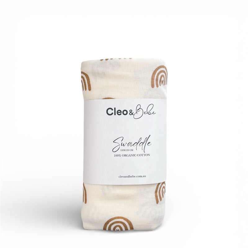 Cleo & Co. swaddle blanket with label on a white background