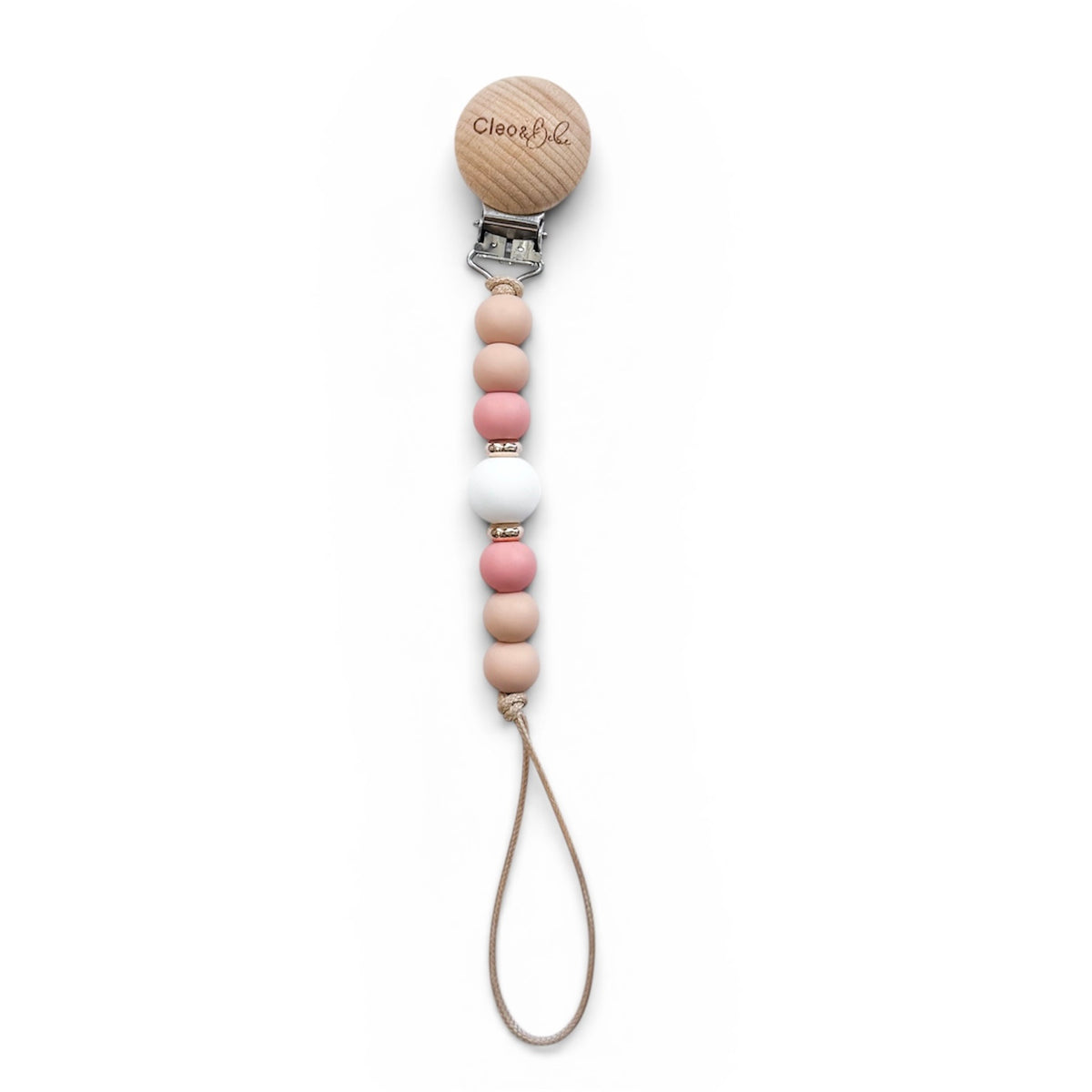 Wooden pacifier clip with pink and beige beads on a white background