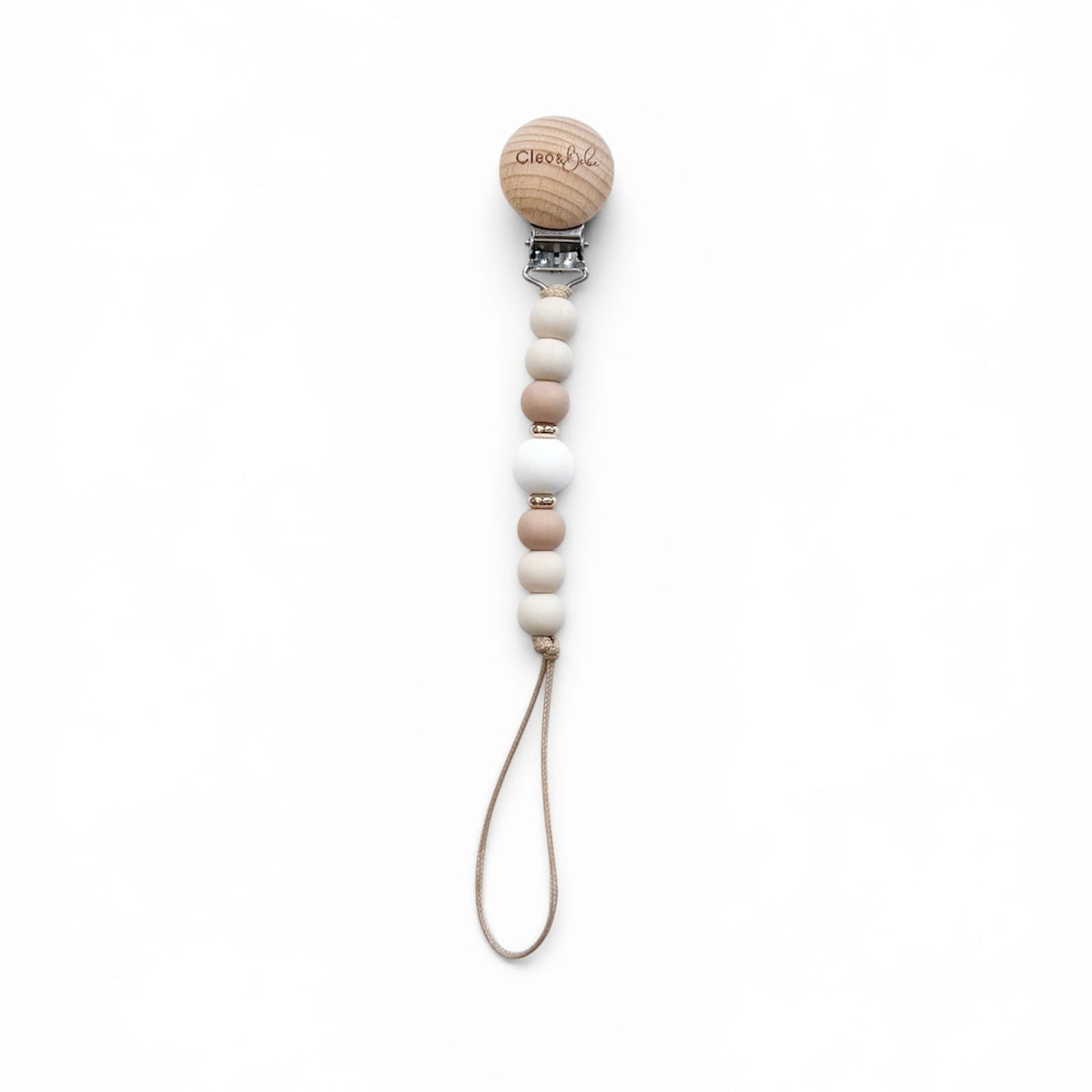Wooden pacifier clip with beads beige & nude on a white background