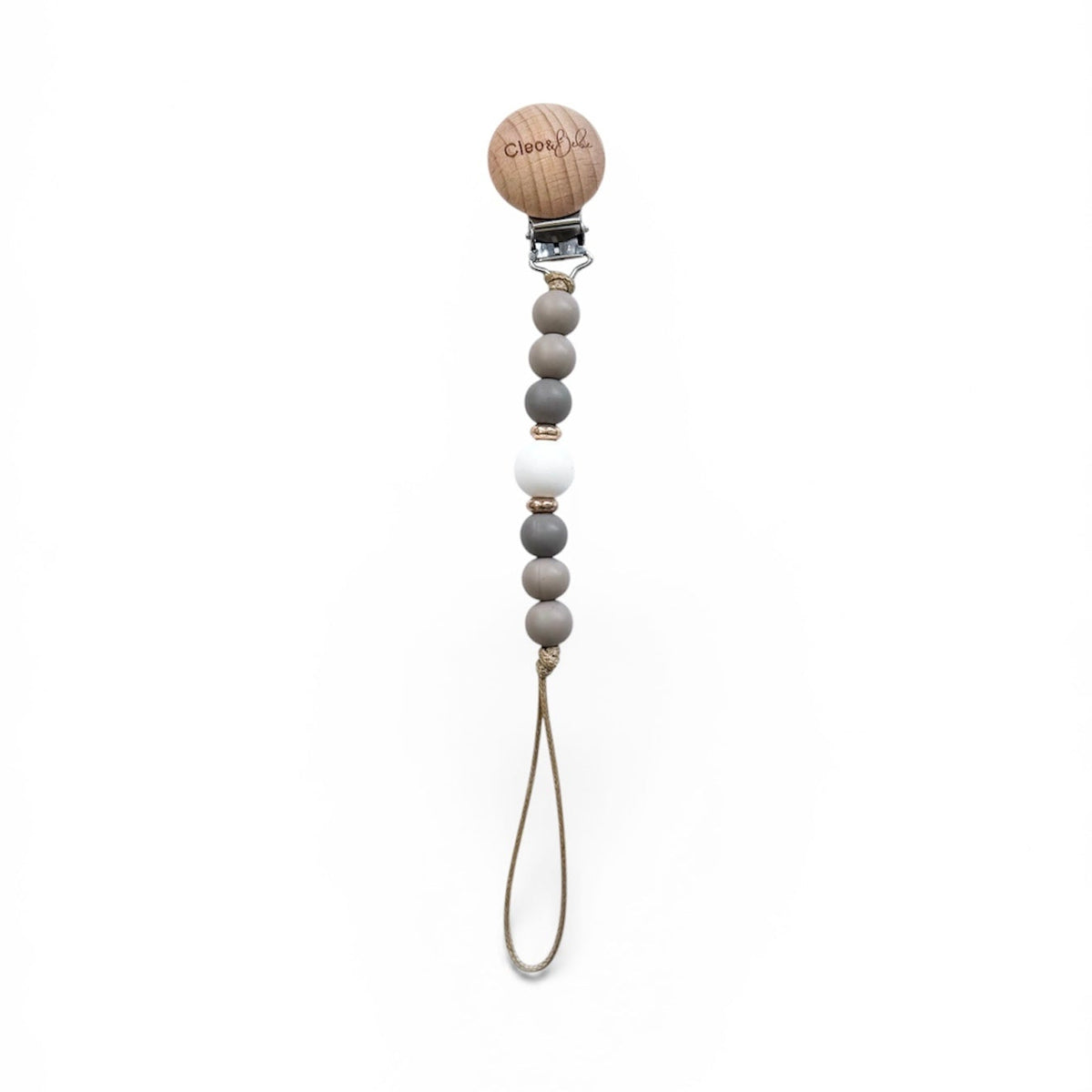 Wooden pacifier clip with beads on a white background