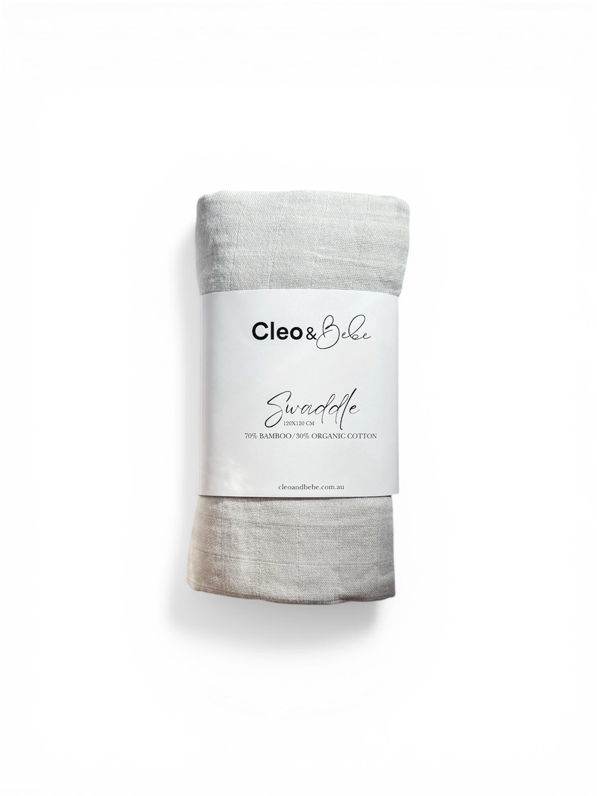Gray swaddle blanket with 'Cleo & Babe' label on a white background