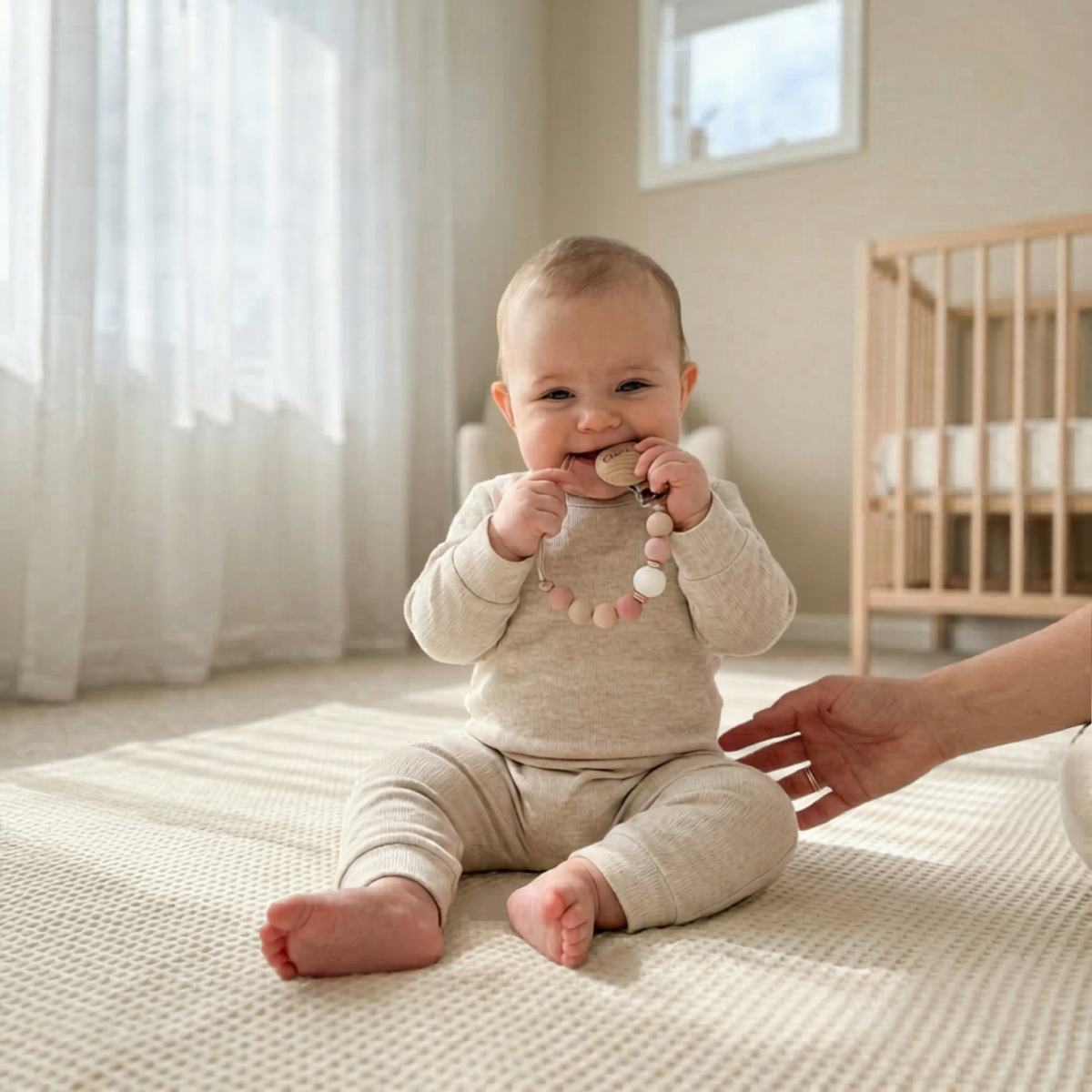 Baby sitting on a bed holding a teething ring in a bright room with a crib in the background.